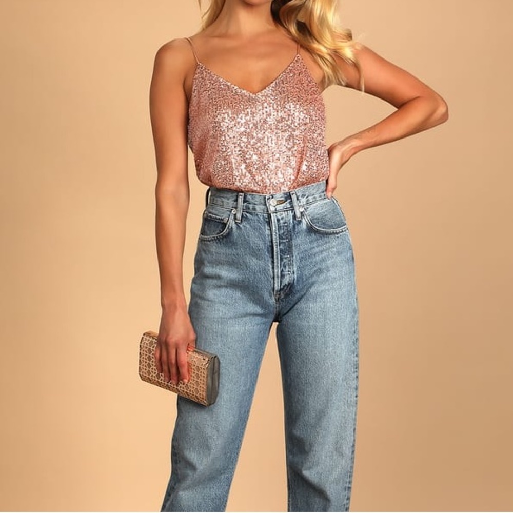 Lulus Women’s Sparkling Glimpse Rose Gold Sequin Sleeveless Cami Top size Large